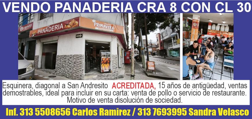 VENDO PANADERIA CRA 8 CON CL 30.