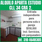 ALQUILO APARTA ESTUDIO CLL 34 CRA 2.