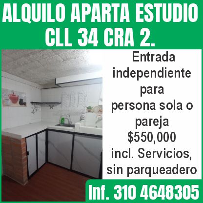 ALQUILO APARTA ESTUDIO CLL 34 CRA 2.