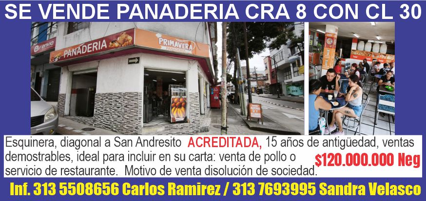 SE VENDE PANADERIA CRA 8 CON CL 30.